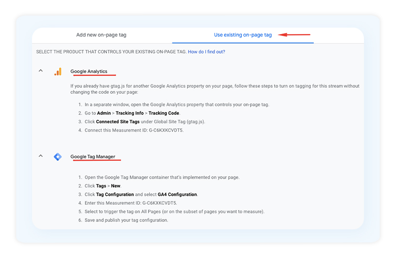 Existing on-page Tag Google Analytics 4